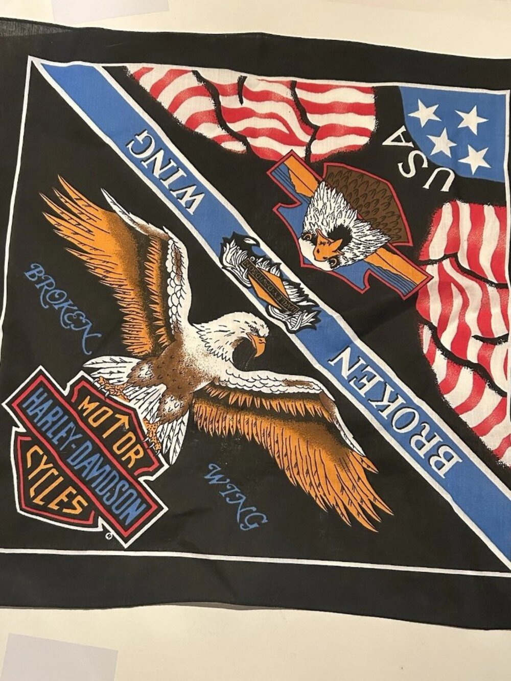 Vintage Harley Davidson Bandana 90s Made In USA Eagle Graphic Broken Wing NOS